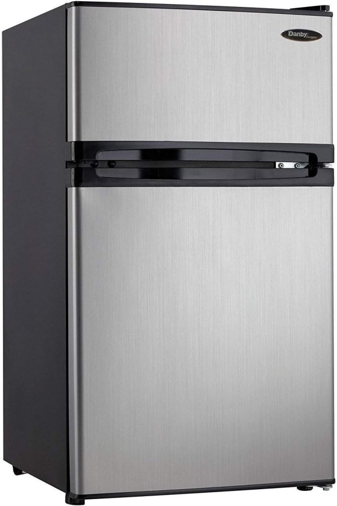 Danby Designer DCR031B1BSLDD 3.1 Cu.Ft. Compact Refrigerator with Freezer, E-Star Rated Mini Fridge for Bedroom, Living Room, Kitchen, or Office, Stainless Steel