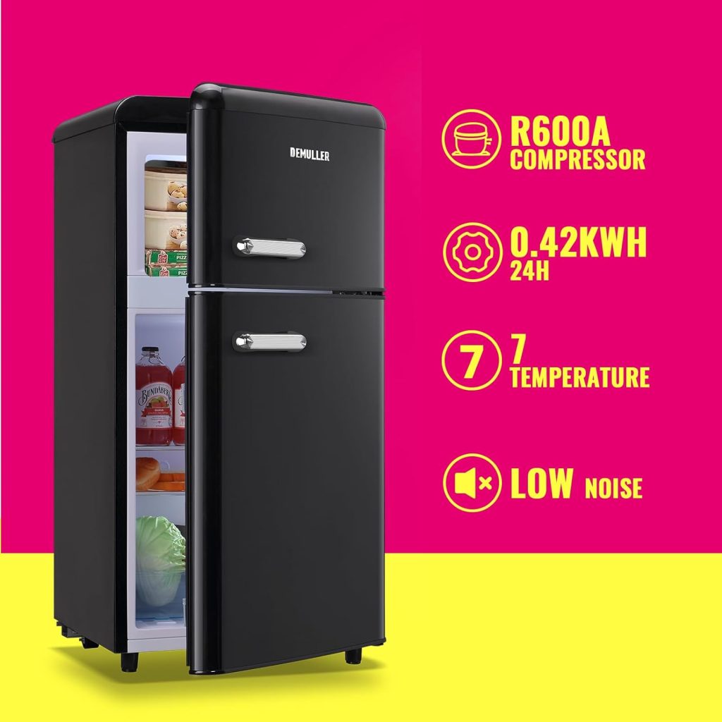 DEMULLER Retro Mini Fridge 3.5 Cu.ft Refrigerator with Top Freezer Compact Fridge Apartment Size Refrigerator Dual Door Fridge with Handles Small Refrigerator for Home Office Dorm