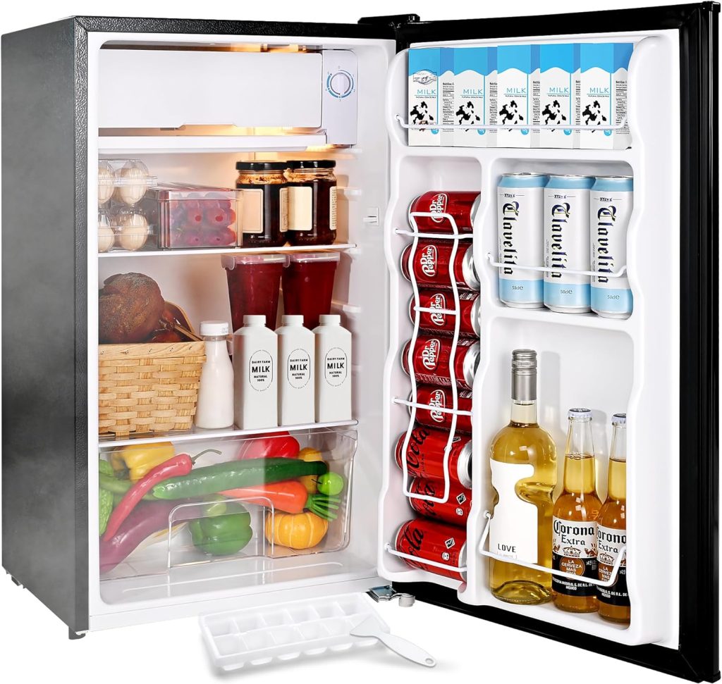 EUHOMY 3.2 Cu.Ft Mini Fridge with Freezer, Single Door Compact Refrigerator, LED light, Adjustable Thermostat, Mini Refrigerator Energy Saving, Mini fridge for Bedroom, Dorm, Office, Black.