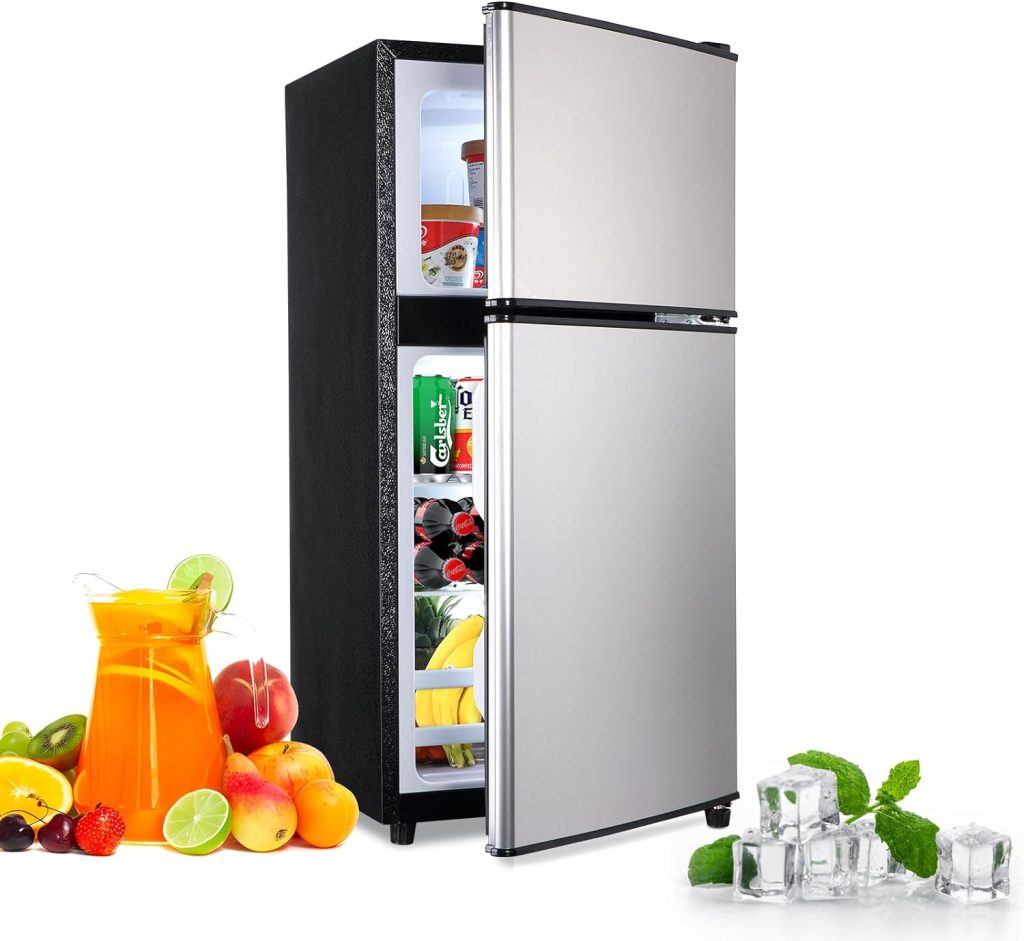 FLS-80-SILVER 3.5Cu.Ft Compact Refrigerator, Small Refrigerator with freezer, Retro Fridge with Dual Door, 7 Level Adjustable Thermostat for Garage, Dorm,Bedroom, Office, Apartment