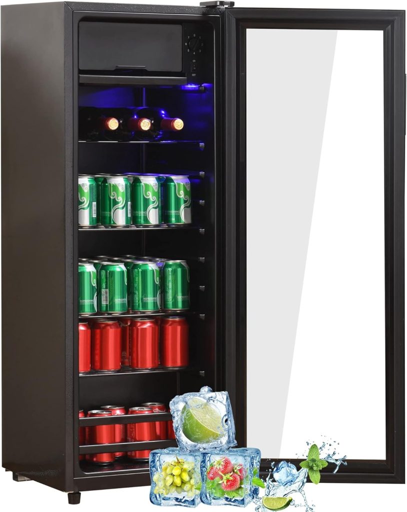 Glass Door Fridge with Freezer 160 Cans 4.5 Cu.ft Beverage Refrigerator Mini Small, Drink Fridge Wine Beer Cooler with Office/Bar/Bedroom Compact Refrigerator