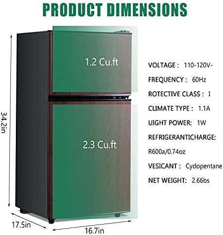 KRIB BLING 3.5 cu.ft Portable Mini Fridge with Removable Glass Shelves, Compact Refrigerator 2 Door Fridge with,Small Refrigerator Storage Cooler for Office, Dorm, Apartment,Bar Wood