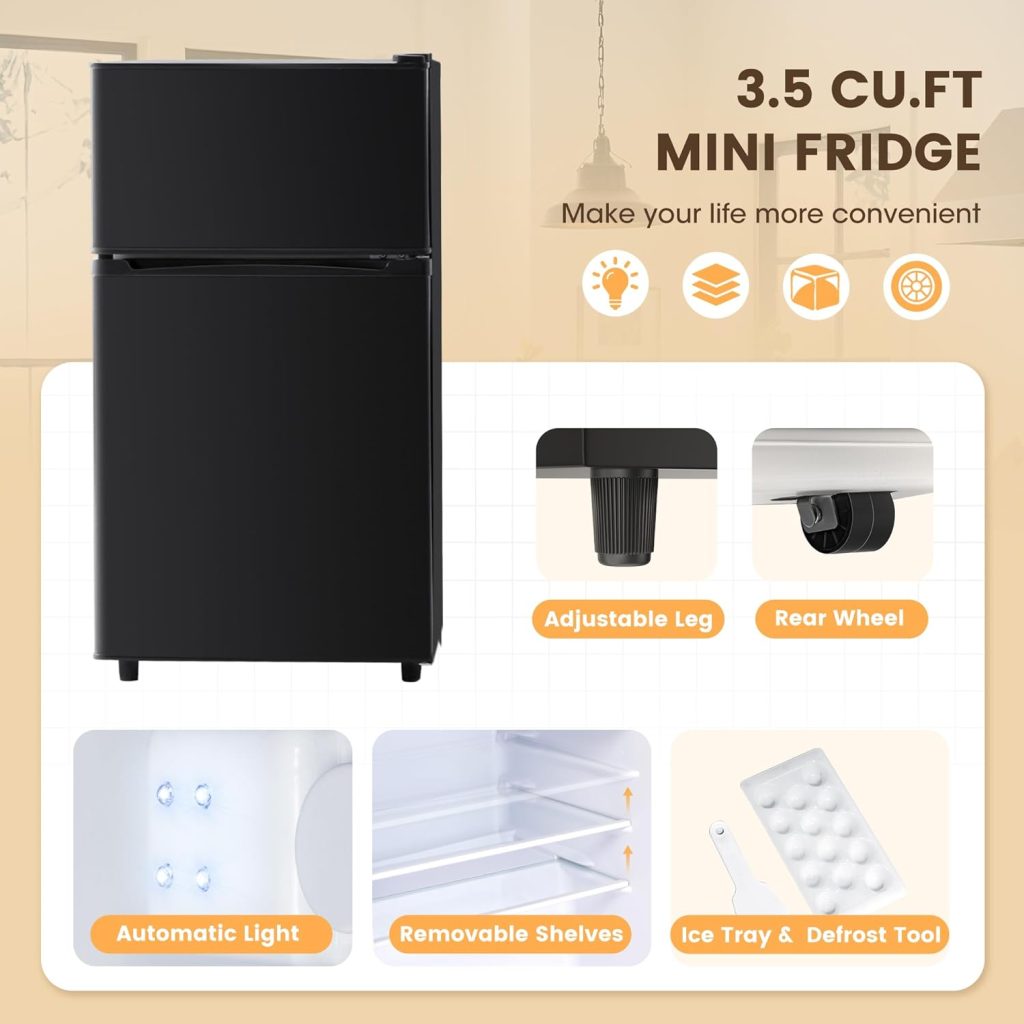 Manastin 3.5 Cu.Ft Mini Fridge with Freezer, 2 Door Small Refrigerator, 7 Level Adjustable Thermostat, Compact Fridge for Living Room, Office, Kitchen and Apartment(Black)