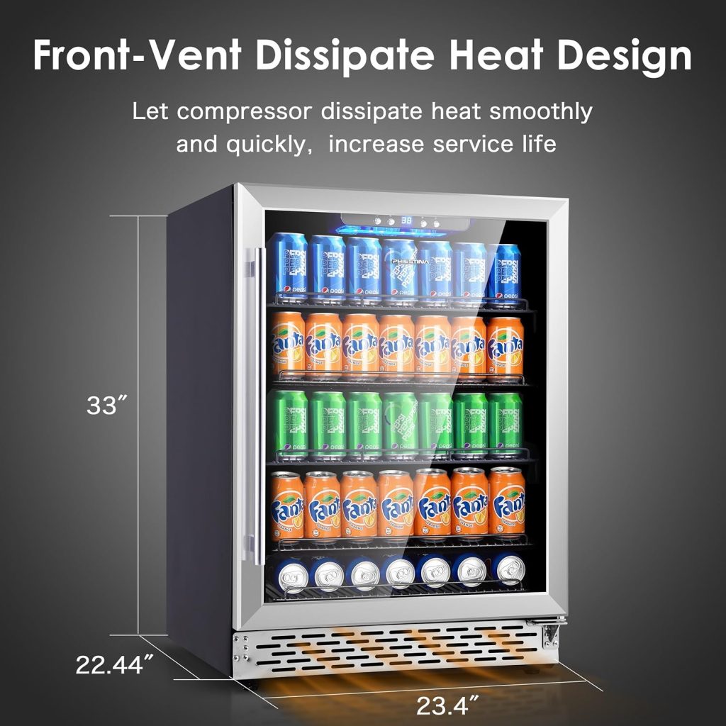 Phiestina Beverage Refrigerator 175 Cans Under Counter Beer Cooler 24 inch Quiet Built-in or Freestanding Beverage Fridge Glass Door Auto Defrost 5 Removable Shelves for Home Bar Office