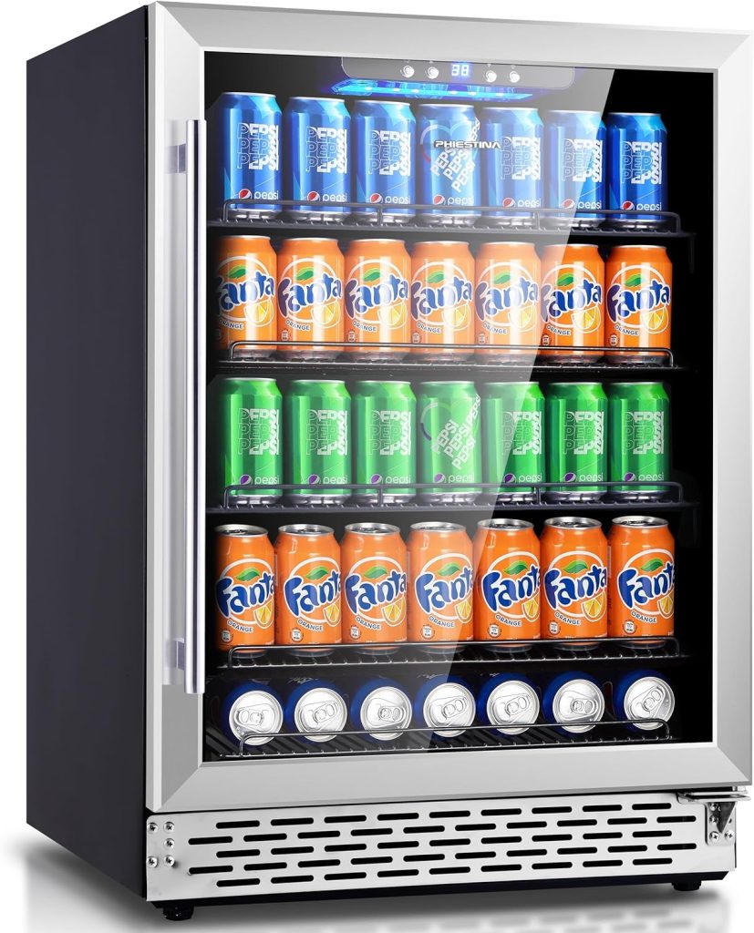 Phiestina Beverage Refrigerator 175 Cans Under Counter Beer Cooler 24 inch Quiet Built-in or Freestanding Beverage Fridge Glass Door Auto Defrost 5 Removable Shelves for Home Bar Office