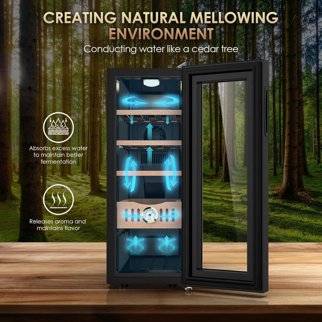 TUATNUT 36L Electric Cooler Cabinet for Bar  Home, Made with Spanish Cedar Wood Shelves  Drawer with Hygrometer, LED Touch Screen, Cooling Function, Quiet Operation, Mens Gifts (Only Cooling)