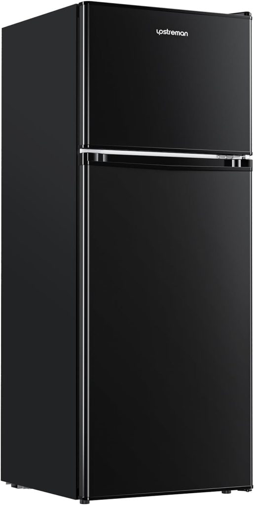 Upstreman 4.0 Cu.Ft. Double Door Refrigerator with Freezer, Mini Fridge for Office,Dorm, Bedroom,Adjustable Thermostat, Large Capacity,Black-BR401