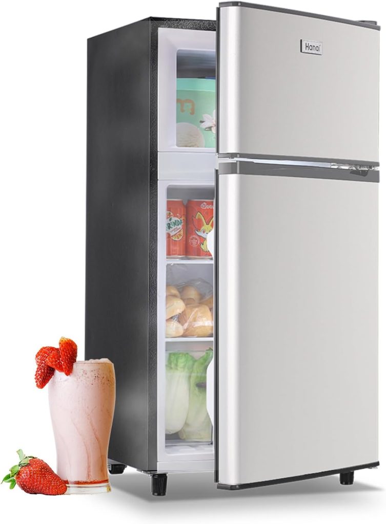 WANAI Mini Fridge with Freezer, 3.5 Cu.Ft Double Door Compact Refrigerator Freezer-on-Top, Small Freestanding with 7 Adjustable Thermostat for Bedroom Office Dorm Apartment, Silver